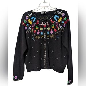 Berek Full Zip Black Ramie Sweater Vibrant Purses Heels‎ Jewelry Embroidery XL